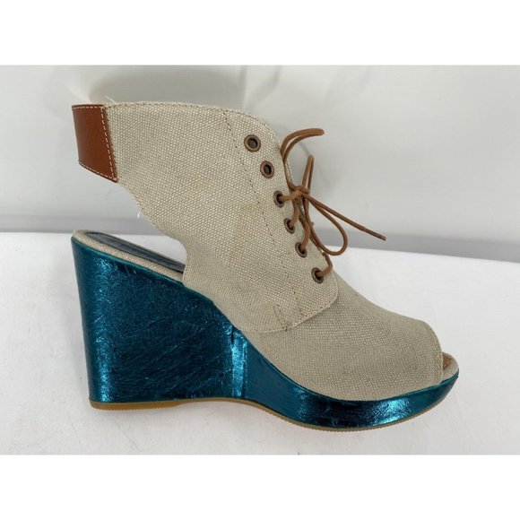 DIESEL Khaki Canvas  Peep Toe Blue Metallic Wedge Heel Shoes Women's Sz 40 (9) - Picture 3 of 12